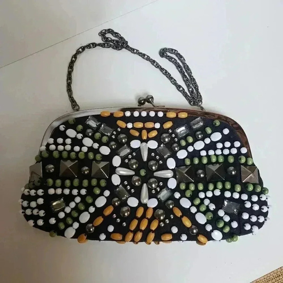 Bloomingdales black multi color beaded chain clutch bag - Picture 2 of 4